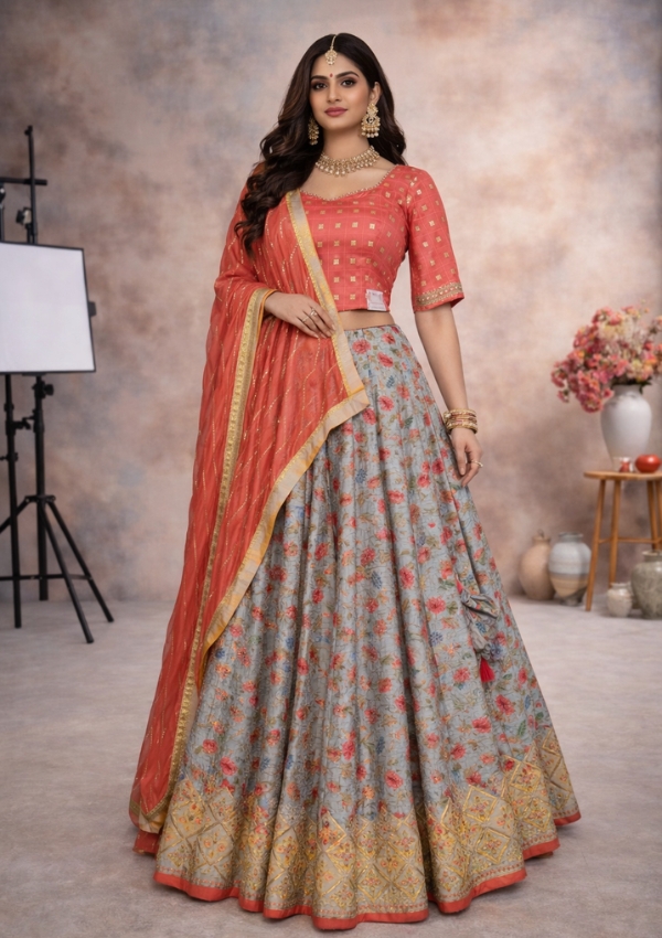 Peach Grey Floral Silk Lehenga